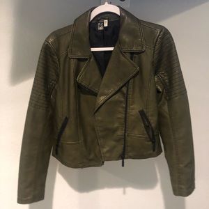 Imitation leather green motorcycle jacket